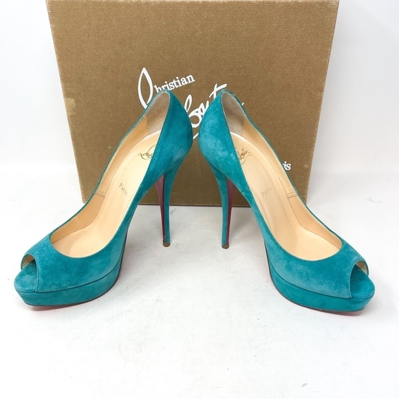 Christian Louboutin Troca 140 Genuine Suede Leather Peep Toe Heels Teel Sz 38.5 - Picture 4 of 9